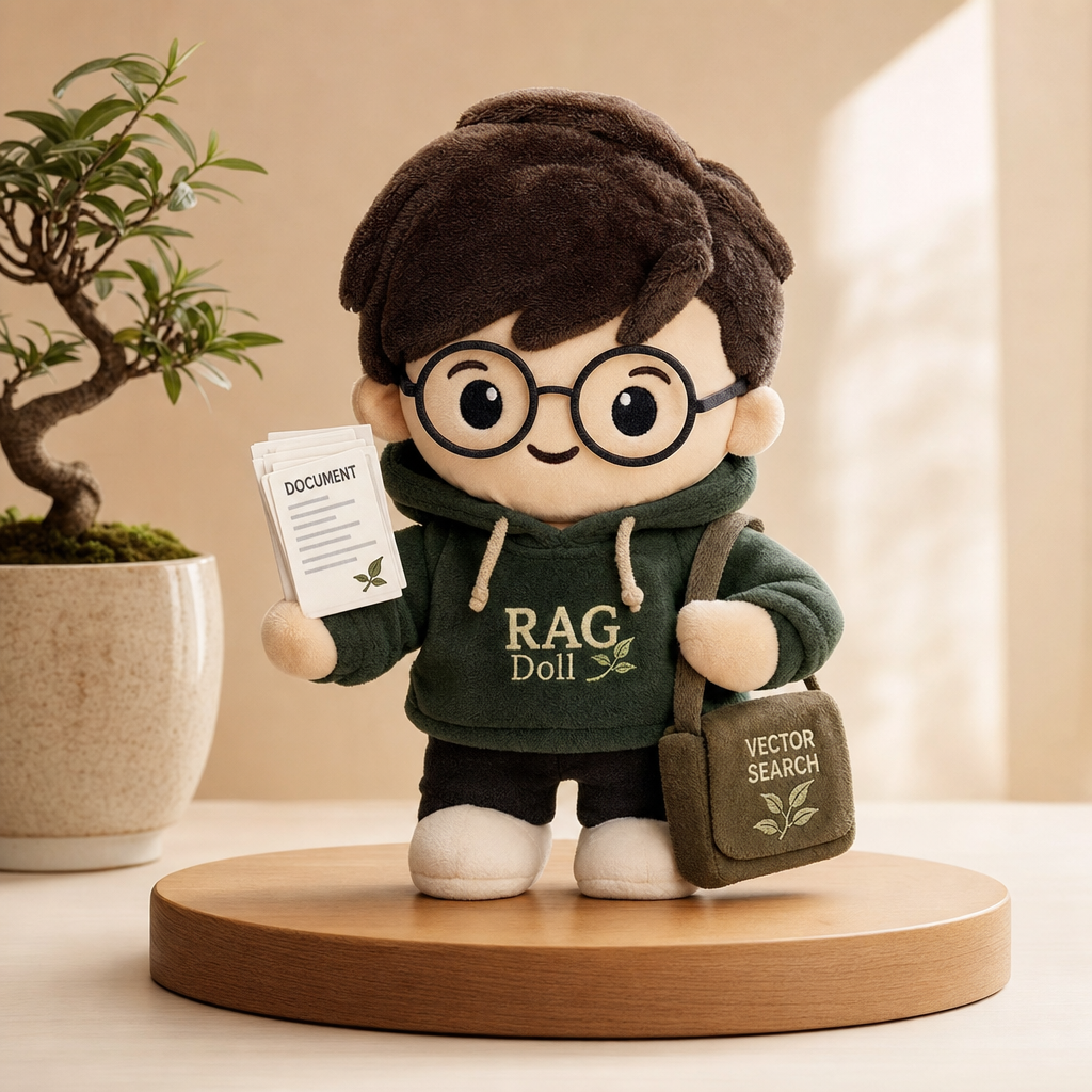 RAG Doll plush companion holding document cards and a vector search satchel